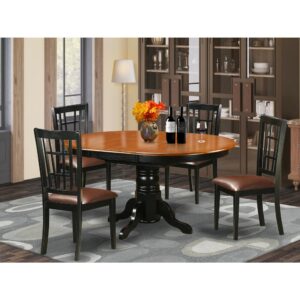 This kind of eye-catching Asian hardwood dinette table and Kitchen dining chair set fits well for most dining rooms or kitchens. The table comes with an expansion leaf that folds and stores right underneath the table top. The pedestal table is in an fascinating Black & Cherry finish