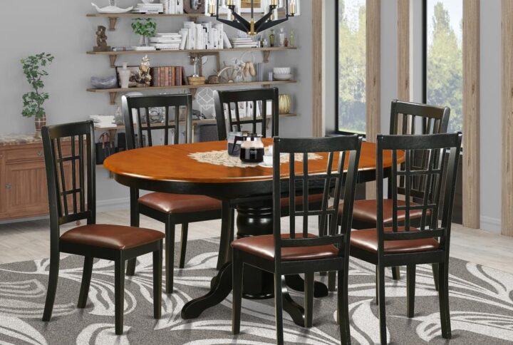 This amazing Asian hardwood kitchen table and Kitchen dining chair set fits well for most dining rooms or kitchens. The table includes an expansion leaf that folds and stores right underneath the table top. The pedestal table is in an beautiful Black & Cherry finish