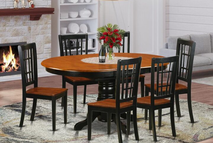 This gorgeous Asian hardwood dining table and Dining chair set fits well in the majority of dining rooms or kitchens. The table comes with an expansion leaf that folds and stores right under the table top. The pedestal table is in an appealing Black & Cherry finish