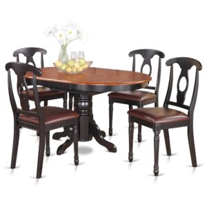 This oval exquisite kitchen table sets match up any kicthen space with rich highlights and advanced design. These Kenley small table set gives you attractiveness and simple style and design for a comfortable and peaceful effect with a pretty simple touch of elegance. Beautiful dining room set is finished in distinctive Black & Cherry. Oval dining room table featuring easy to use 18” extension leaf for extra guest visitors if needed. Pristine Napoleon model dinette chairs with artificial leather seats or wood seat. Dining chair seat in either solid wood or padded to match personal preference and desired motif.