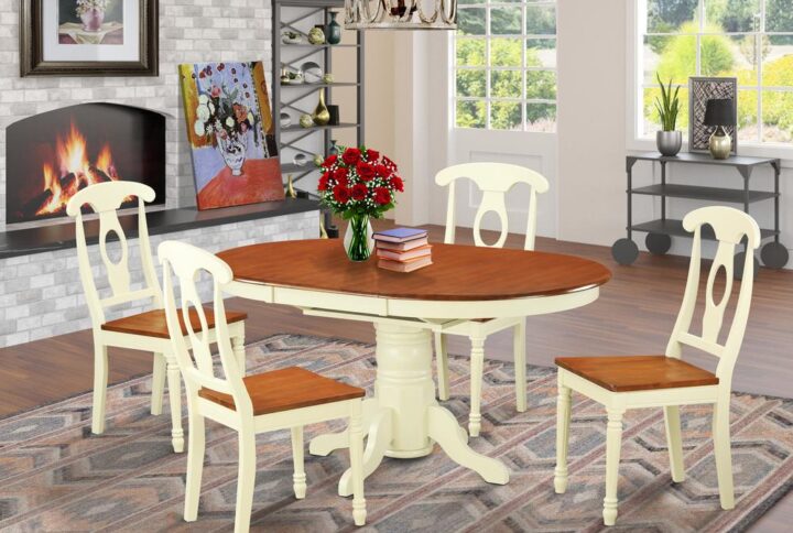 This oval fashionable table sets match up with any kicthen space with rich features and innovative style. These kind of Kenley dinette table set presents fascination and simple style and design for a cozy and relaxed impression with a pretty simple touch of class. Tasteful small kitchen table set is finished in lavish Buttermilk & Cherry. Oval dining tables with convenient 18” expansion leaf for more friends when necessary. Gorgeous Napoleon type dining chairs with faux leather seats or wood seat. Kitchen dining chair seats in either solid wood or faux leather to match preference and desired style.
