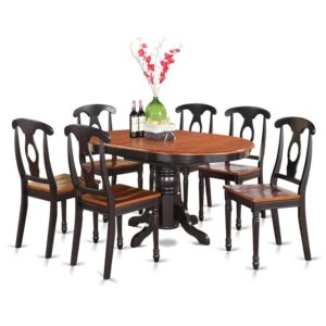 This oval fashionable table sets match up any kitchen with rich features and sophisticated design and style. These particular Kenley dining room table set gives attractiveness and straight forward decor for a comfortable and peaceful effect with an user-friendly touch of elegance. Fashionable dinette set is finished in vibrant Black & Cherry. Oval dining table featuring versatile 18” butterfly leaf for extra friends when needed. Fine looking Napoleon style kitchen chairs with artificial leather seats or wood seat. Dining room chair seats in either solid wood or leather to fit personal preference and desired motif.
