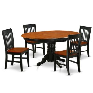 Bring a new and polished look in your dining with this KENO5-BCH-W dining set. The dinette table with built-in self-storage butterfly leaf which fits 4 to 6 persons. Dazzling solid wood table top with well-built carved pedestal support. Beveled oval shape to make welcoming kitchen space ambiance and finished in rich Black and Cherry