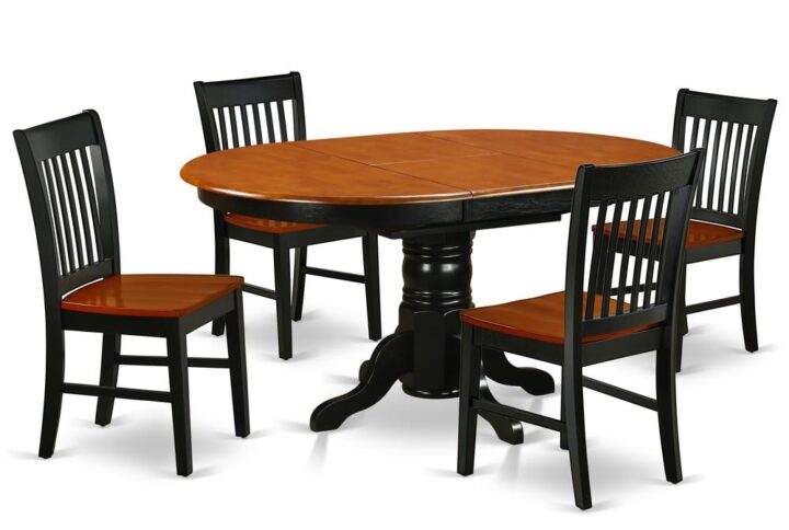 Bring a new and polished look in your dining with this KENO5-BCH-W dining set. The dinette table with built-in self-storage butterfly leaf which fits 4 to 6 persons. Dazzling solid wood table top with well-built carved pedestal support. Beveled oval shape to make welcoming kitchen space ambiance and finished in rich Black and Cherry