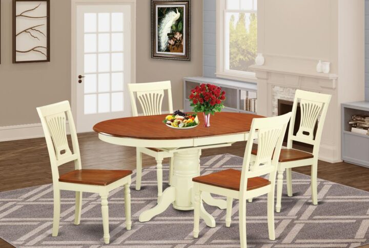 This oval stylish dinette table sets complement just about any kitchen with unique highlights and subtle style and design. These Kenley small table set gives appeal and pretty simple design for a comfy and peaceful impression with an user-friendly touch of class. Exquisite dining room set is finished in vibrant White and Cherry. Oval dining table with convenient 18” butterfly leaf for additional friends as needed. This amazing straight backs dining room chairs are available in either wood or microfiber upholstered seat to fit your preference and desired design and style.