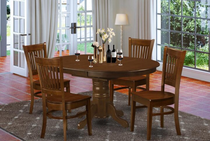 This type of eye-catching Asian hardwood kitchen table and Kitchen area dining chair set fits well for most dining rooms or kitchens. The kitchen table contains an expansion leaf that folds and stores right inside of the table. The pedestal dining room table is in an fascinating Espresso