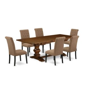 It Wood Dining Set consists of 6 eye-catching upholstered dining chairs and a wonderful Pedestal legs kitchen table. The Wood Dining Set gives an Antique Walnut solid wood rectangular dining table and fantastic dining room chairs that will boost the elegance to your dining room. This mid century dining table is produced from premium quality rubber wood. These kitchen chairs have built from top quality wood that can Endurance to 300lbs weight. This Rectangular Wood Dining Set has colored with a good quality Antique Walnut and Black finish. The kitchen chairs is one of the most important pieces of furniture in your house. It not only becomes the place to eat meals