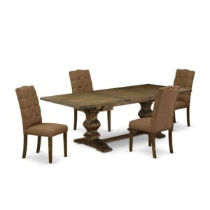 It Dining Table Set includes 4 beautiful kitchen chairs and a fantastic Pedestal legs dinner table. The Rectangular Wood Dining Set provides an Distressed Jacobean wooden pedestal dining table and fantastic padded parson chairs that will increase the magnificence to your kitchen. This wood dining table is built from high-quality rubber wood. These parson chairs have created from high-quality wood that can Endurance to 300lbs weight. This Dining Table Set has colored with a top quality Distressed Jacobean finish. The parson chairs is one of the most important pieces of furniture in your house. It not only becomes the place to eat meals