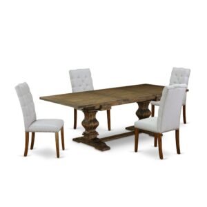 This Wooden Dining Room Set includes 4 amazing parson dining chairs and a fantastic Pedestal legs dining room table. The Kitchen Set delivers an Distressed Jacobean real wood rectangular dining table and excellent kitchen parson chairs that will enhance the elegance to your living area. This wood kitchen table is created from superior quality rubber wood. These upholstered dining chairs have made of high quality wood that can Endurance to 300lbs weight. This Kitchen Dining Room Set has colored with a good quality Distressed Jacobean and Black finish. The kitchen chairs is one of the most important pieces of furniture in your house. It not only becomes the place to eat meals