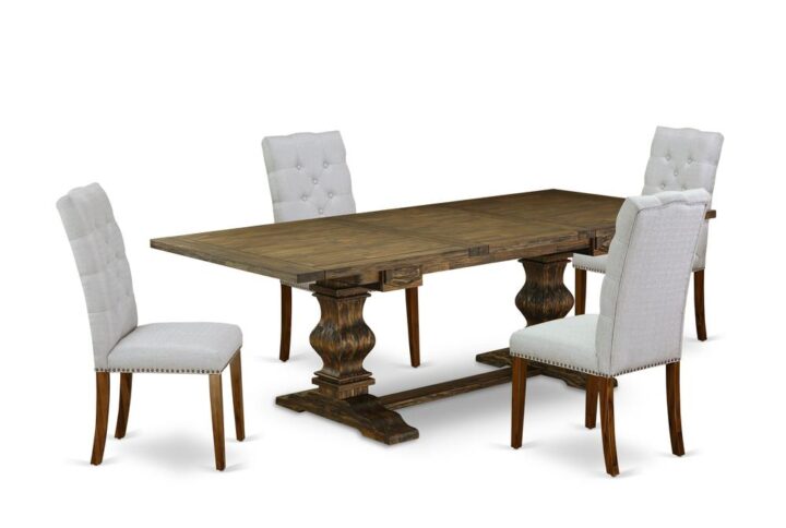 This Wooden Dining Room Set includes 4 amazing parson dining chairs and a fantastic Pedestal legs dining room table. The Kitchen Set delivers an Distressed Jacobean real wood rectangular dining table and excellent kitchen parson chairs that will enhance the elegance to your living area. This wood kitchen table is created from superior quality rubber wood. These upholstered dining chairs have made of high quality wood that can Endurance to 300lbs weight. This Kitchen Dining Room Set has colored with a good quality Distressed Jacobean and Black finish. The kitchen chairs is one of the most important pieces of furniture in your house. It not only becomes the place to eat meals
