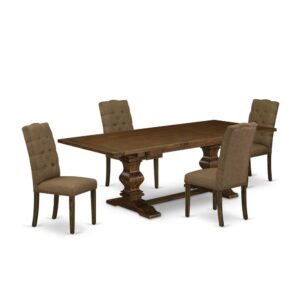 It Rectangular Wood Dining Set includes 4 attractive upholstered dining chairs and a fantastic Pedestal legs dinner table. The Kitchen Set offers an Antique Walnut real wood kitchen table and fantastic upholstered dining chairs that will increase the elegance to your dining room. This kitchen table is crafted from good quality rubber wood. These parson dining room chairs have created from superior quality wood that can Endurance to 300lbs weight. This Dining Room Set has colored with a top quality Antique Walnut and Distressed Jacobean finish. The padded parson chairs is one of the most important pieces of furniture in your house. It not only becomes the place to eat meals