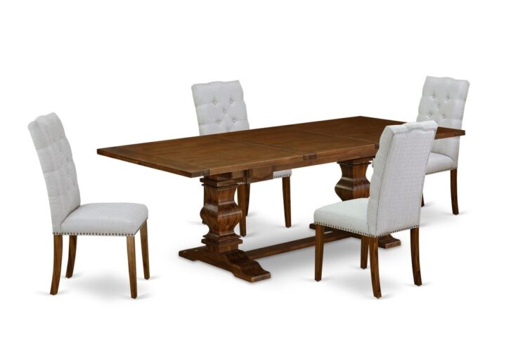 This Table Set consists of 4 eye-catching parson dining chairs and a fabulous Pedestal legs kitchen table. The Wooden Dining Room Set provides an Antique Walnut solid wood dinette table and fantastic kitchen chairs that will enhance the elegance to your dining room. This kitchen table is built from superior quality rubber wood. These modern dining chairs have made of high-quality wood that can Endurance to 300lbs weight. This Kitchen Dining Room Set has colored with a high-quality Antique Walnut and Black finish. The parson dining chairs is one of the most important pieces of furniture in your house. It not only becomes the place to eat meals