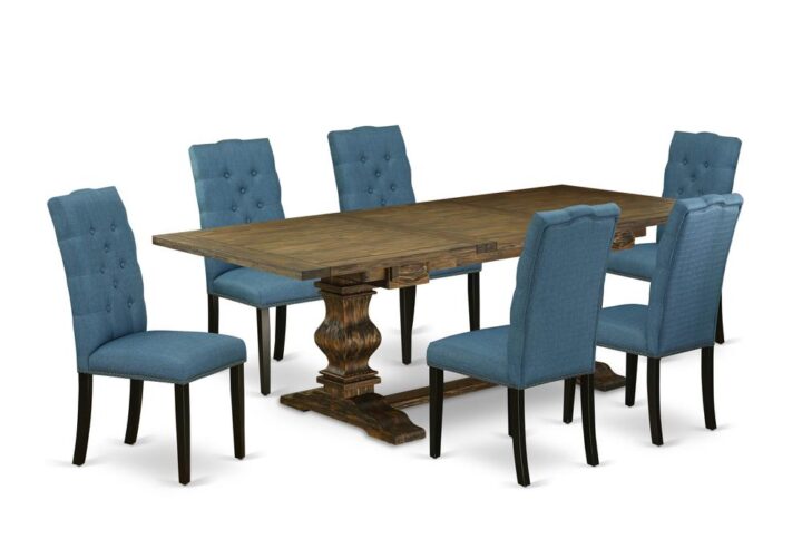 This Wooden Dining Room Set includes 6 eye-catching modern dining chairs and a wonderful Pedestal legs dinner table. The Rectangular Wood Dining Set offers an Distressed Jacobean hardwood dining table and excellent dining Chairs that will increase the beauty to your living area. This wood dining table is made of superior quality rubber wood. These kitchen chairs have made of superior quality wood that can Endurance to 300lbs weight. This Kitchen Set has colored with a high-quality Distressed Jacobean and Black finish. The modern dining chairs is one of the most important pieces of furniture in your house. It not only becomes the place to eat meals