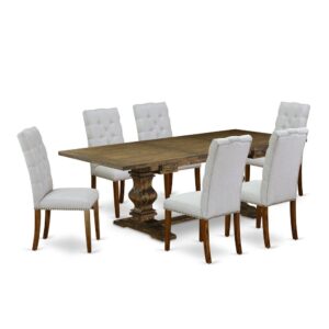 It Table Set includes 6 wonderful parson dining room chairs and a fantastic Pedestal legs mid century dining table. The Dining Table Set offers an Distressed Jacobean hardwood dinner table and excellent upholstered dining chairs that will boost the elegance to your dining room. This wood dining table is made of premium quality rubber wood. These parson chairs have produced from high quality wood that can Endurance to 300lbs weight. This Table Set has colored with a top quality Distressed Jacobean and Black finish. The modern dining chairs is one of the most important pieces of furniture in your house. It not only becomes the place to eat meals