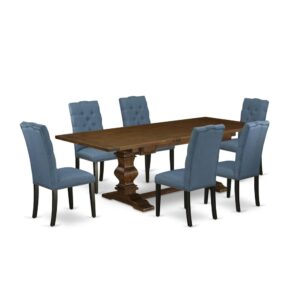 This Kitchen Set consists of 6 attractive kitchen parson chairs and a fabulous Pedestal legs pedestal dining table. The Table Set provides an Antique Walnut wooden dining room table and excellent kitchen chairs that will improve the elegance to your kitchen. This modern dining table is produced from superior quality rubber wood. These padded parson chairs have created from high quality wood that can Endurance to 300lbs weight. This Wood Dining Set has colored with a high quality Antique Walnut and Black finish. The parson chairs is one of the most important pieces of furniture in your house. It not only becomes the place to eat meals