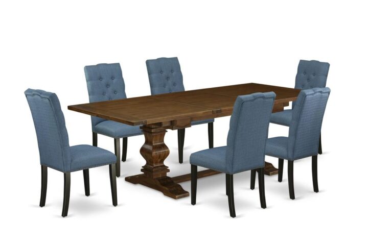 This Kitchen Set consists of 6 attractive kitchen parson chairs and a fabulous Pedestal legs pedestal dining table. The Table Set provides an Antique Walnut wooden dining room table and excellent kitchen chairs that will improve the elegance to your kitchen. This modern dining table is produced from superior quality rubber wood. These padded parson chairs have created from high quality wood that can Endurance to 300lbs weight. This Wood Dining Set has colored with a high quality Antique Walnut and Black finish. The parson chairs is one of the most important pieces of furniture in your house. It not only becomes the place to eat meals