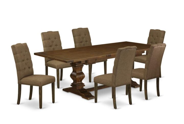 It Kitchen Dining Room Set consists of 6 amazing kitchen chairs and a fabulous Pedestal legs wood dining table. The Dining Table Set delivers an Antique Walnut hardWood dining table and wonderful dining Chairs that will increase the beauty to your dining room. This dining table is made of top quality rubber wood. These parsons chairs have made of top quality wood that can Endurance to 300lbs weight. This Wood Dining Set has colored with a top quality Antique Walnut and Distressed Jacobean finish. The dining room chairs is one of the most important pieces of furniture in your house. It not only becomes the place to eat meals