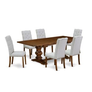 This Dining Room Set includes 6 lovely dining room chairs and an excellent Pedestal legs dining room table. The Rectangular Wood Dining Set provides an Antique Walnut wooden dining table and amazing parson dining chairs that will boost the magnificence to your living area. This pedestal dining table is created from high-quality rubber wood. These dining room chairs have built from superior quality wood that can Endurance to 300lbs weight. This Kitchen Set has colored with a good quality Antique Walnut and Black finish. The parson dining chairs is one of the most important pieces of furniture in your house. It not only becomes the place to eat meals