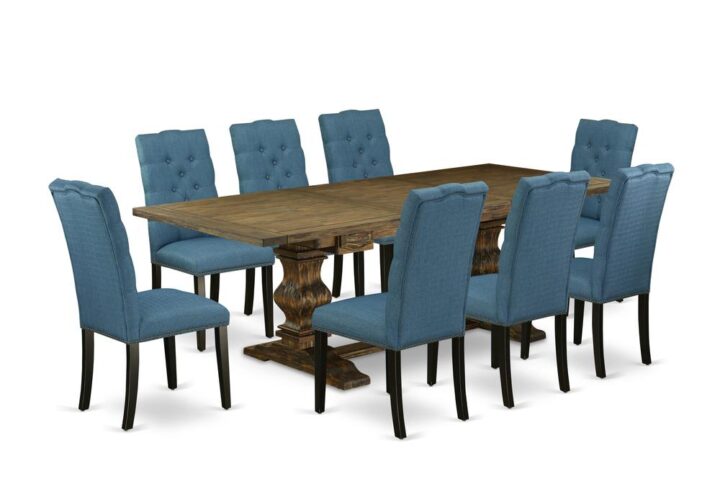Our Wooden Dining Room Set includes 8 lovely parson chairs and an amazing Pedestal legs mid century dining table. The Dining Table Set provides an Distressed Jacobean real wood dining room table and awesome kitchen parson chairs that will boost the beauty to your living area. This kitchen table is produced from good quality rubber wood. These parson dining chairs have produced from high-quality wood that can Endurance to 300lbs weight. This Wood Dining Set has colored with a high-quality Distressed Jacobean and Black finish. The kitchen parson chairs is one of the most important pieces of furniture in your house. It not only becomes the place to eat meals