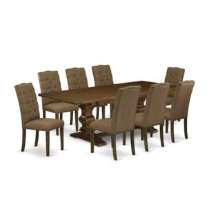 It Wooden Dining Room Set includes 8 attractive kitchen chairs and an amazing Pedestal legs dining table. The Kitchen Set gives an Antique Walnut wooden living room table and wonderful modern dining chairs that will increase the beauty to your kitchen. This modern dining table is produced from superior quality rubber wood. These parson chairs have made of superior quality wood that can Endurance to 300lbs weight. This Dining Table Set has colored with a top quality Antique Walnut and Distressed Jacobean finish. The parson dining room chairs is one of the most important pieces of furniture in your house. It not only becomes the place to eat meals