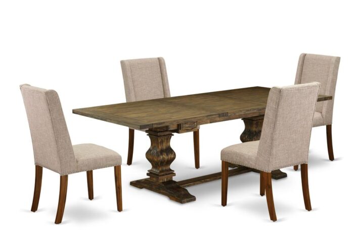 It Kitchen Dining Room Set includes 4 attractive parson dining chairs and an awesome Pedestal legs kitchen table. The Dining Room Set gives a Distressed Jacobean wooden living room table and awesome Antique Walnut padded parson chairs that will enhance the beauty to your dining area. This rectangular dining table is created from premium quality rubber wood. These kitchen chairs have created from high-quality wood that can Endurance to 300lbs weight. This Kitchen Set has colored with a premium quality Distressed Jacobean and Antique Walnut finish. The kitchen parson chairs is one of the most important pieces of furniture in your house. It not only becomes the place to eat meals