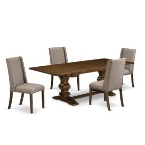 It Rectangular Wood Dining Set consists of 4 awesome dining Chairs and an amazing Pedestal legs living room table. The Dining Room Set provides an Antique Walnut wooden kitchen table and awesome Distressed Jacobean kitchen parson chairs that will improve the elegance to your dining room. This dining room table is crafted from top quality rubber wood. These parson chairs have created from high quality wood that can Endurance to 300lbs weight. This Rectangular Wood Dining Set has colored with a premium quality Antique Walnut and Distressed Jacobean finish. The parson dining chairs is one of the most important pieces of furniture in your house. It not only becomes the place to eat meals