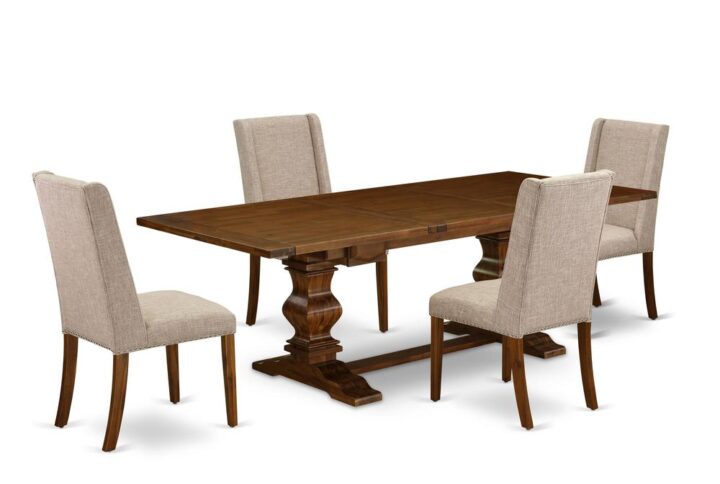 This Kitchen Set includes 4 lovely padded parson chairs and an excellent Pedestal legs wood dining table. The Dining Table Set provides an Antique Walnut hardwood dining room table and fantastic Antique Walnut upholstered dining chairs that will boost the elegance to your dining room. This dining room table is produced from high quality rubber wood. These parson chairs have made of top quality wood that can Endurance to 300lbs weight. This Wood Dining Set has colored with a premium quality Antique Walnut finish. The padded parson chairs is one of the most important pieces of furniture in your house. It not only becomes the place to eat meals
