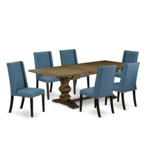 This Kitchen Set consists of 6 wonderful parson dining chairs and a fantastic Pedestal legs rectangular dining table. The Wooden Dining Room Set provides an Distressed Jacobean wooden modern dining table and awesome kitchen chairs that will increase the magnificence to your kitchen. This wood kitchen table is crafted from good quality rubber wood. These padded parson chairs have created from top quality wood that can Endurance to 300lbs weight. This Dining Room Set has colored with a high quality Distressed Jacobean and Black finish. The parson chairs is one of the most important pieces of furniture in your house. It not only becomes the place to eat meals
