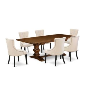 This Wooden Dining Room Set includes 6 lovely dining Chairs and a wonderful Pedestal legs rectangular dining table. The Rectangular Wood Dining Set provides an Antique Walnut real wood dining table and wonderful dining Chairs that will boost the elegance to your dining area. This dinner table is crafted from good quality rubber wood. These upholstered dining chairs have created from good quality wood that can Endurance to 300lbs weight. This Kitchen Set has colored with a high quality Antique Walnut and Black finish. The parson dining room chairs is one of the most important pieces of furniture in your house. It not only becomes the place to eat meals