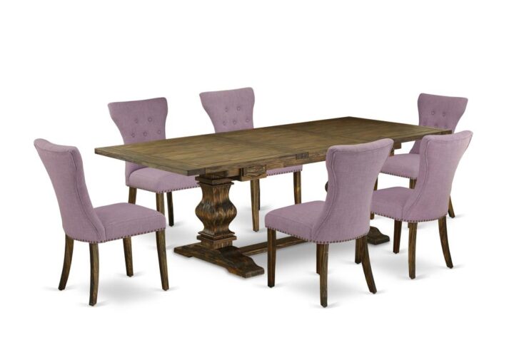 Our Kitchen Dining Room Set consists of 6 attractive parson dining chairs and a fantastic Pedestal legs dining room table. The Dining Table Set offers an Distressed Jacobean hardwood dinner table and awesome parson chairs that will improve the beauty to your dining area. This mid century dining table is created from high-quality rubber wood. These parsons chairs have created from top quality wood that can Endurance to 300lbs weight. This Table Set has colored with a top quality Distressed Jacobean and Black finish. The modern dining chairs is one of the most important pieces of furniture in your house. It not only becomes the place to eat meals