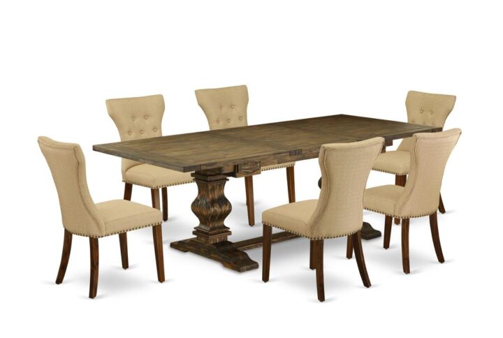 Our Kitchen Dining Room Set includes 6 eye-catching kitchen parson chairs and an awesome Pedestal legs dinette table. The Kitchen Set provides a Distressed Jacobean wooden pedestal dining table and amazing Antique Walnut parsons chairs that will increase the elegance to your dining room. This kitchen table is built from top quality rubber wood. These upholstered dining chairs have created from top quality wood that can Endurance to 300lbs weight. This Table Set has colored with a good quality Distressed Jacobean and Antique Walnut finish. The parson chairs is one of the most important pieces of furniture in your house. It not only becomes the place to eat meals