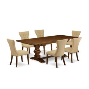 Our Rectangular Wood Dining Set includes 6 eye-catching parson chairs and an awesome Pedestal legs mid century dining table. The Table Set offers an Antique Walnut hardwood modern dining table and great Antique Walnut parson chairs that will increase the magnificence to your dining area. This rectangular dining table is produced from superior quality rubber wood. These parson dining room chairs have built from high quality wood that can Endurance to 300lbs weight. This Dining Table Set has colored with a good quality Antique Walnut finish. The dining room chairs is one of the most important pieces of furniture in your house. It not only becomes the place to eat meals