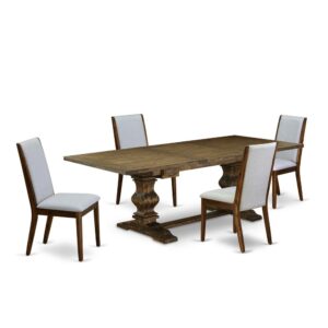 This Table Set includes 4 fantastic kitchen chairs and an excellent Pedestal legs pedestal dining table. The Dining Table Set provides a Distressed Jacobean hardwood modern dining table and great Antique Walnut dining room chairs that will increase the magnificence to your dining room. This rectangular dining table is created from premium quality rubber wood. These parson chairs have produced from high-quality wood that can Endurance to 300lbs weight. This Table Set has colored with a premium quality Distressed Jacobean and Antique Walnut finish. The padded parson chairs is one of the most important pieces of furniture in your house. It not only becomes the place to eat meals