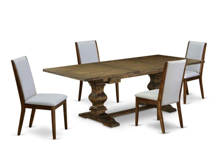 This Table Set includes 4 fantastic kitchen chairs and an excellent Pedestal legs pedestal dining table. The Dining Table Set provides a Distressed Jacobean hardwood modern dining table and great Antique Walnut dining room chairs that will increase the magnificence to your dining room. This rectangular dining table is created from premium quality rubber wood. These parson chairs have produced from high-quality wood that can Endurance to 300lbs weight. This Table Set has colored with a premium quality Distressed Jacobean and Antique Walnut finish. The padded parson chairs is one of the most important pieces of furniture in your house. It not only becomes the place to eat meals