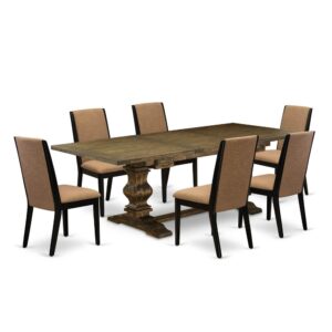 It Wood Dining Set includes 6 gorgeous dining Chairs and an excellent Pedestal legs modern dining table. The Kitchen Set delivers an Distressed Jacobean hardwood dining room table and amazing dining room chairs that will improve the beauty to your living area. This dinette table is made of premium quality rubber wood. These parson chairs have created from good quality wood that can Endurance to 300lbs weight. This Kitchen Dining Room Set has colored with a good quality Distressed Jacobean and Black finish. The parson chairs is one of the most important pieces of furniture in your house. It not only becomes the place to eat meals