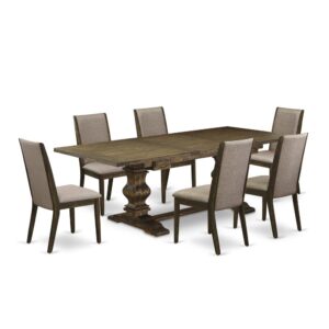 This Rectangular Wood Dining Set includes 6 beautiful modern dining chairs and an amazing Pedestal legs dinette table. The Rectangular Wood Dining Set gives a Distressed Jacobean solid wood pedestal dining table and great Distressed Jacobean kitchen parson chairs that will improve the elegance to your living area. This kitchen table is made of premium quality rubber wood. These padded parson chairs have produced from good quality wood that can Endurance to 300lbs weight. This Kitchen Dining Room Set has colored with a premium quality Distressed Jacobean finish. The kitchen parson chairs is one of the most important pieces of furniture in your house. It not only becomes the place to eat meals