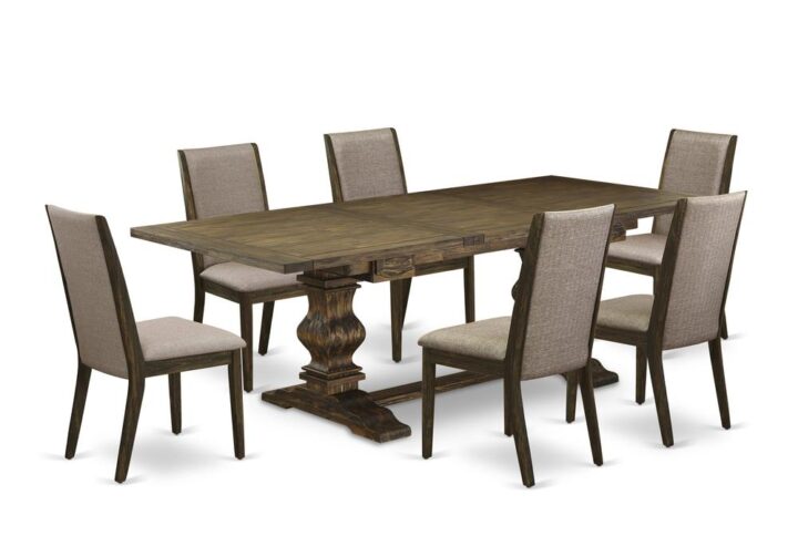 This Rectangular Wood Dining Set includes 6 beautiful modern dining chairs and an amazing Pedestal legs dinette table. The Rectangular Wood Dining Set gives a Distressed Jacobean solid wood pedestal dining table and great Distressed Jacobean kitchen parson chairs that will improve the elegance to your living area. This kitchen table is made of premium quality rubber wood. These padded parson chairs have produced from good quality wood that can Endurance to 300lbs weight. This Kitchen Dining Room Set has colored with a premium quality Distressed Jacobean finish. The kitchen parson chairs is one of the most important pieces of furniture in your house. It not only becomes the place to eat meals