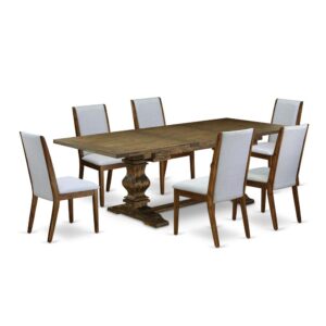 It Wooden Dining Room Set consists of 6 amazing kitchen parson chairs and a fantastic Pedestal legs dining room table. The Dining Room Set gives a Distressed Jacobean real wood rectangular dining table and excellent Antique Walnut parsons chairs that will increase the magnificence to your dining area. This living room table is built from premium quality rubber wood. These dining room chairs have made of superior quality wood that can Endurance to 300lbs weight. This Dining Room Set has colored with a high quality Distressed Jacobean and Antique Walnut finish. The parson dining room chairs is one of the most important pieces of furniture in your house. It not only becomes the place to eat meals