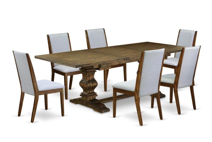 It Wooden Dining Room Set consists of 6 amazing kitchen parson chairs and a fantastic Pedestal legs dining room table. The Dining Room Set gives a Distressed Jacobean real wood rectangular dining table and excellent Antique Walnut parsons chairs that will increase the magnificence to your dining area. This living room table is built from premium quality rubber wood. These dining room chairs have made of superior quality wood that can Endurance to 300lbs weight. This Dining Room Set has colored with a high quality Distressed Jacobean and Antique Walnut finish. The parson dining room chairs is one of the most important pieces of furniture in your house. It not only becomes the place to eat meals