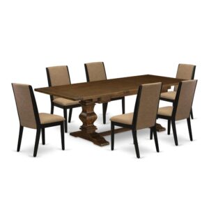 It Rectangular Wood Dining Set consists of 6 wonderful parsons chairs and an amazing Pedestal legs pedestal dining table. The Dining Table Set offers an Antique Walnut solid wood rectangular dining table and awesome upholstered dining chairs that will improve the beauty to your living area. This dining room table is crafted from high-quality rubber wood. These modern dining chairs have created from good quality wood that can Endurance to 300lbs weight. This Wood Dining Set has colored with a good quality Antique Walnut and Black finish. The parson’s chairs is one of the most important pieces of furniture in your house. It not only becomes the place to eat meals