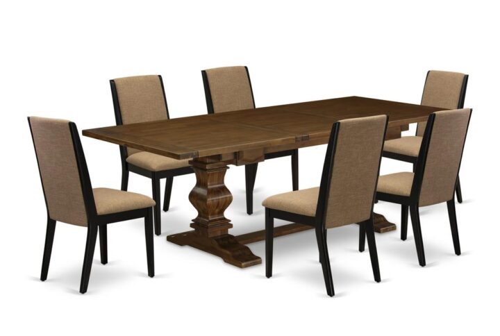 It Rectangular Wood Dining Set consists of 6 wonderful parsons chairs and an amazing Pedestal legs pedestal dining table. The Dining Table Set offers an Antique Walnut solid wood rectangular dining table and awesome upholstered dining chairs that will improve the beauty to your living area. This dining room table is crafted from high-quality rubber wood. These modern dining chairs have created from good quality wood that can Endurance to 300lbs weight. This Wood Dining Set has colored with a good quality Antique Walnut and Black finish. The parson’s chairs is one of the most important pieces of furniture in your house. It not only becomes the place to eat meals