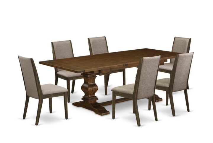This Dining Room Set consists of 6 wonderful dining room chairs and an amazing Pedestal legs dining table. The Wood Dining Set provides an Antique Walnut solid wood living room table and amazing Distressed Jacobean dining Chairs that will increase the magnificence to your living area. This dinette table is produced from high quality rubber wood. These kitchen parson chairs have created from high-quality wood that can Endurance to 300lbs weight. This Wooden Dining Room Set has colored with a top quality Antique Walnut and Distressed Jacobean finish. The parson’s chairs is one of the most important pieces of furniture in your house. It not only becomes the place to eat meals