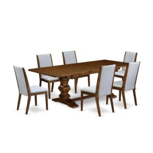 Our Kitchen Dining Room Set consists of 6 fantastic modern dining chairs and a wonderful Pedestal legs living room table. The Dining Table Set delivers an Antique Walnut real wood pedestal dining table and wonderful kitchen chairs that will increase the beauty to your living area. This rectangular dining table is produced from top quality rubber wood. These modern dining chairs have constructed from high quality wood that can Endurance to 300lbs weight. This Kitchen Dining Room Set has colored with a good quality Antique Walnut finish. The parson chairs is one of the most important pieces of furniture in your house. It not only becomes the place to eat meals