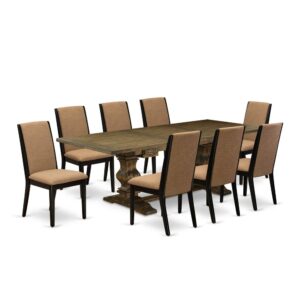 This Dining Table Set consists of 8 fantastic modern dining chairs and an awesome Pedestal legs dinner table. The Rectangular Wood Dining Set delivers an Distressed Jacobean real wood kitchen table and wonderful parson dining chairs that will enhance the beauty to your dining area. This modern dining table is built from high quality rubber wood. These parsons chairs have produced from good quality wood that can Endurance to 300lbs weight. This Dining Room Set has colored with a premium quality Distressed Jacobean and Black finish. The modern dining chairs is one of the most important pieces of furniture in your house. It not only becomes the place to eat meals