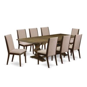 Our Wood Dining Set consists of 8 eye-catching kitchen parson chairs and an excellent Pedestal legs rectangular dining table. The Rectangular Wood Dining Set offers a Distressed Jacobean wooden pedestal dining table and great Mahogany dining chairs that will boost the magnificence to your kitchen. This kitchen table is created from high quality rubber wood. These parson chairs have constructed from high-quality wood that can Endurance to 300lbs weight. This Kitchen Dining Room Set has colored with a good quality Distressed Jacobean and Mahogany finish. The parson dining chairs is one of the most important pieces of furniture in your house. It not only becomes the place to eat meals