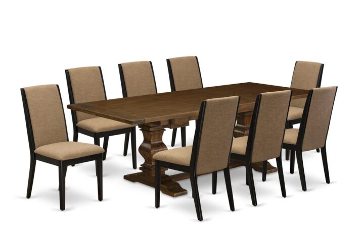 It Wood Dining Set includes 8 attractive parson chairs and a fabulous Pedestal legs wood kitchen table. The Rectangular Wood Dining Set gives an Antique Walnut solid wood rectangular dining table and awesome kitchen chairs that will improve the elegance to your dining area. This dinner table is created from high quality rubber wood. These parson-dining chairs have created from high quality wood that can Endurance to 300lbs weight. This Kitchen Set has colored with a high-quality Antique Walnut and Black finish. The kitchen parson chairs is one of the most important pieces of furniture in your house. It not only becomes the place to eat meals