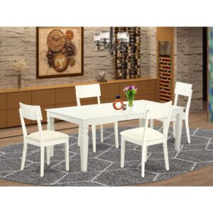 This grand dining set features our largest table - which can extend out up to 84" in length.  Treat your room's decor with a new and polished look with this modern 5 Piece Dining Set. Withstand just about any dinner party with this sturdy table which is based on 4 straight legs. The set is offered with 4 solid wood dining chairs with a comfortable faux leather seat for simplicity and ease. Finished in a marvelous Linen White