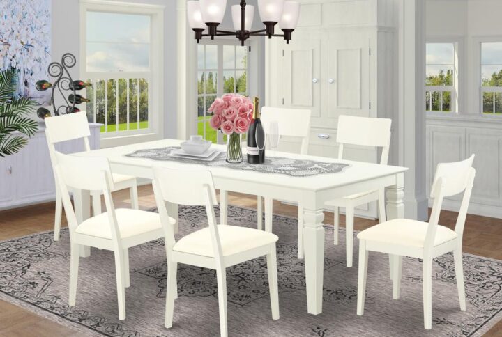 This grand dining set features our largest table - which can extend out up to 84" in length. Treat your room's decor with a new and polished look with this modern  7 Piece Dining Set. Withstand just about any dinner party with this sturdy table which is based on 4 straight legs. The set is offered with 6 solid wood dining chairs with a comfortable faux leather seat for simplicity and ease. Finished in a marvelous Linen White