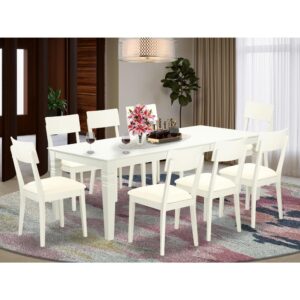 This grand dining set features our largest table - which can extend out up to 84" in length. Treat your room's decor with a new and polished look with this modern 9 Piece Dining Set. Withstand just about any dinner party with this sturdy table which is based on 4 straight legs. The set is offered with 8 solid wood dining chairs with a comfortable faux leather seat for simplicity and ease. Finished in a marvelous Linen White