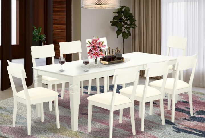 This grand dining set features our largest table - which can extend out up to 84" in length. Treat your room's decor with a new and polished look with this modern 9 Piece Dining Set. Withstand just about any dinner party with this sturdy table which is based on 4 straight legs. The set is offered with 8 solid wood dining chairs with a comfortable faux leather seat for simplicity and ease. Finished in a marvelous Linen White